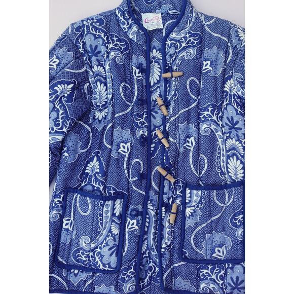 Vtg Chandni Boho Floral Quilted Jacket Women’s M Blue White Frog Button Indie - Picture 2 of 11